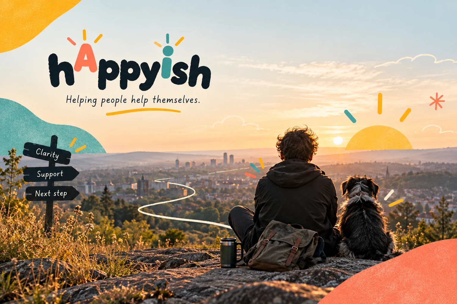 A person and their dog sitting together, looking towards a sunrise.